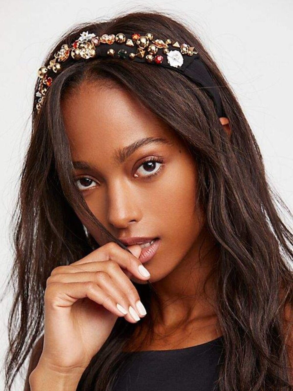 Free People Gilded Bow Embellished Headband Black Gold Crystal Floral